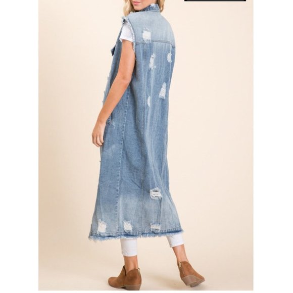 Plus Distressed Long Maxi Denim Vest Jean Jacket - Picture 6 of 7